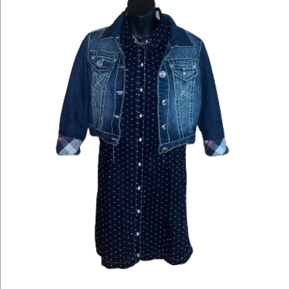 Nautica navy blue with white polka dot dress and jean jacket set size 16 girls